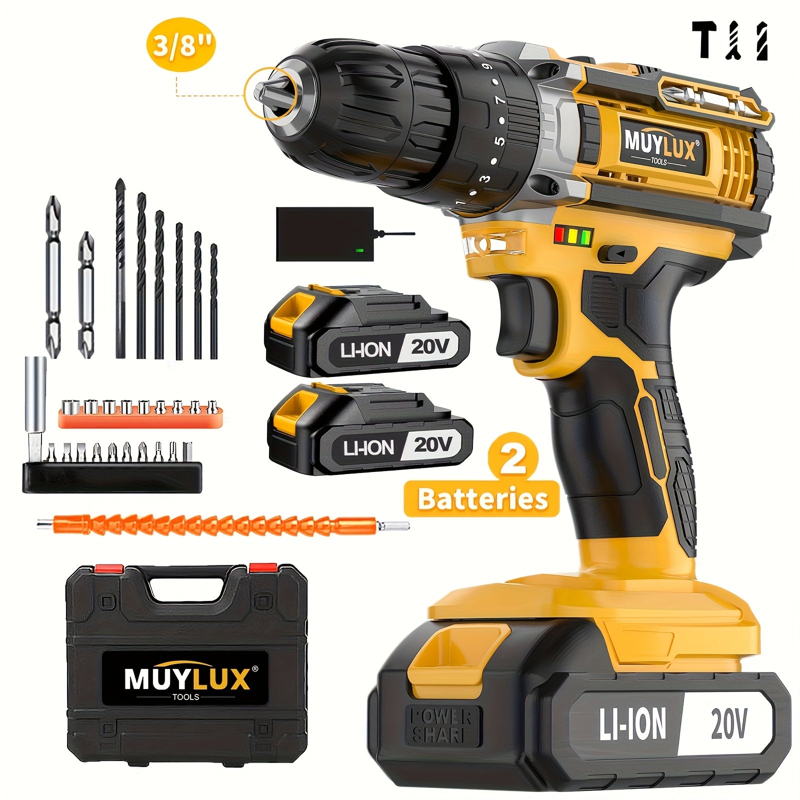 Juego de taladro inalámbrico de 20 V, taladro de impacto con portabrocas sin llave de 3/8 pulgadas, taladro eléctrico de 18+3 embragues con luz de trabajo, par máximo de 45 Nm, 2 velocidades variables y baterías de 2,0 AH y cargador rápido
