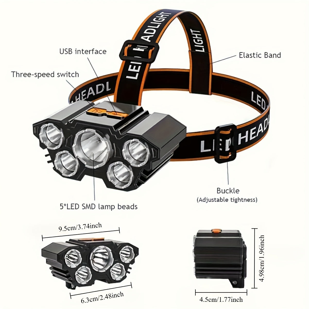 Comprar uno y obtener otro gratis, un total de 2 piezas de linterna frontal multiusos con 5 LED, linterna frontal con carga USB para exteriores, linterna frontal de pesca con luz fuerte y cuatro modos para acampar, trabajar, mantener el coche, decorar.