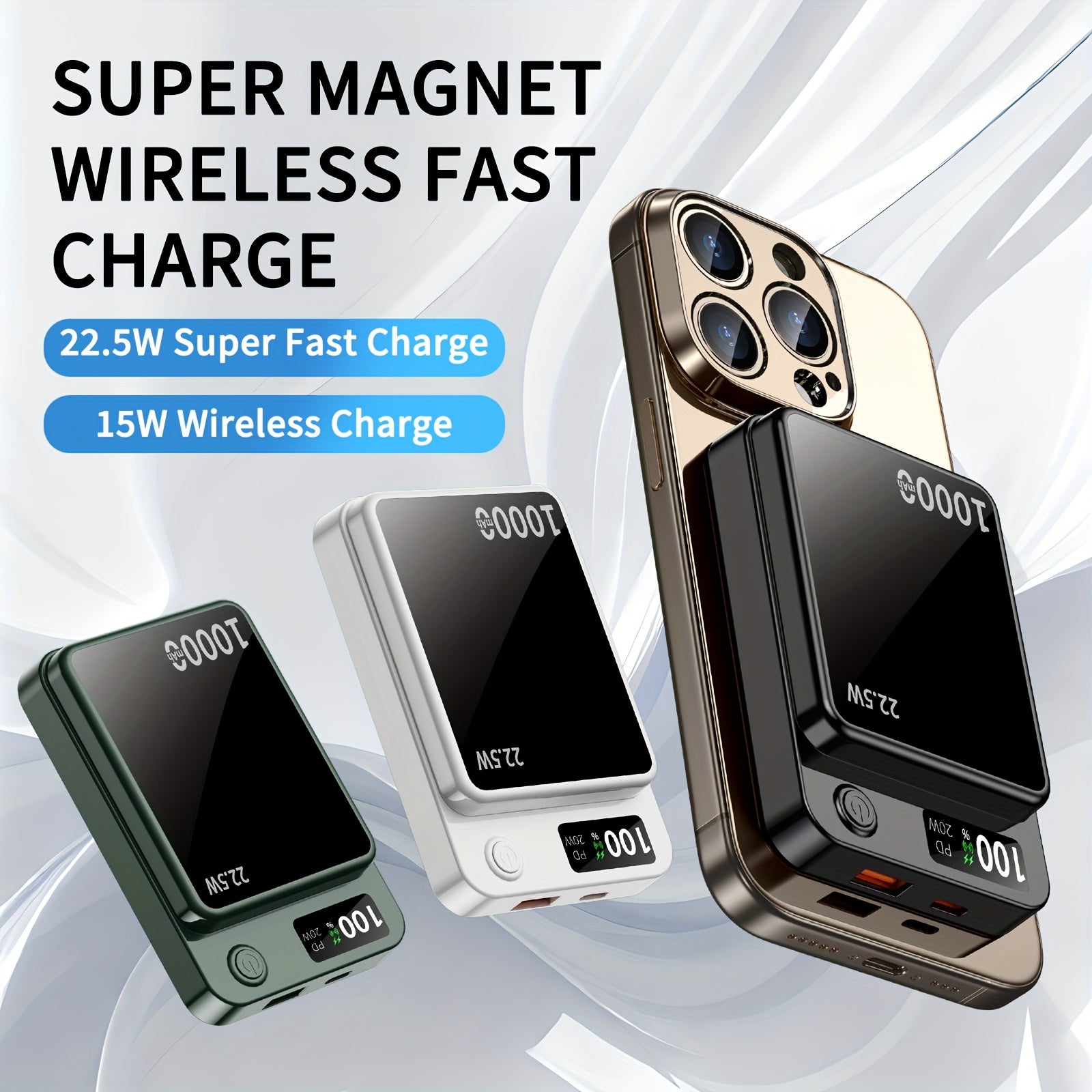 Tarjeta de Carga Inalámbrica Portátil Magnética, Batería Externa 10000/5000mAh con Carga Rápida USB-C de 22.5W, Paquete de Batería Magnético con Pantalla LED para iPhone Serie Completa 16/15/14/12 y Teléfonos Android