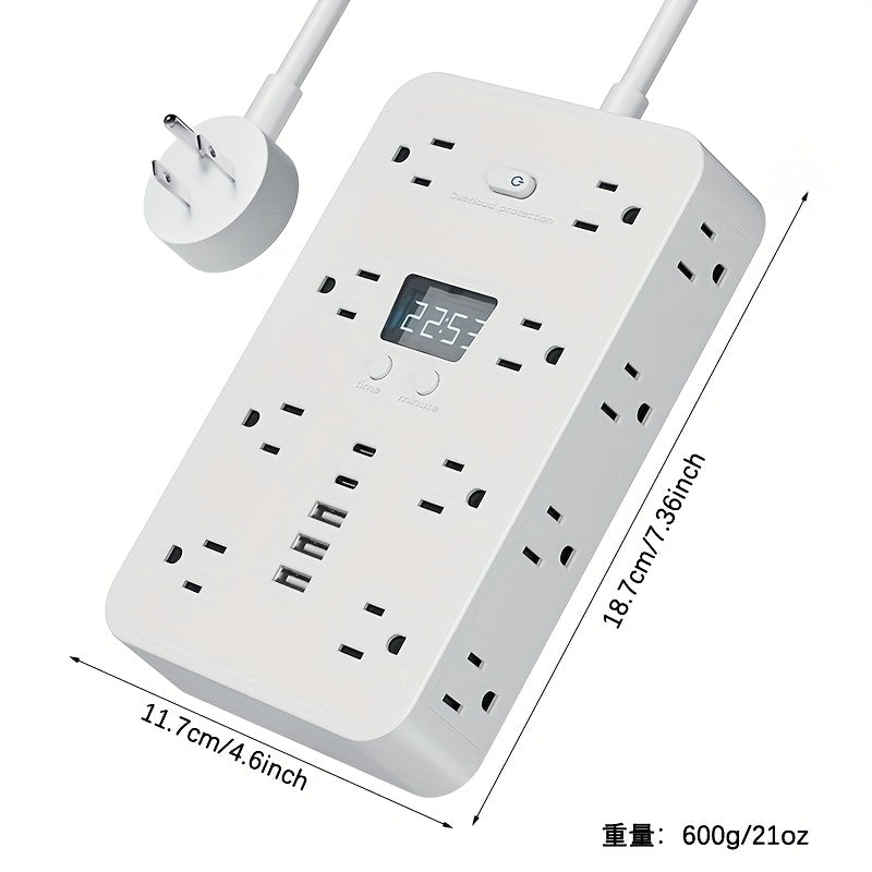 Protector de Sobretensión 21-en-1 con Interruptor de Encendido, Enchufe de Corriente de 16 Ranuras con Protección contra Sobrecarga y Interruptor de Control de Una Tecla, 5 Puertos USB incluyendo 2 Tipo C, Pantalla Digital, 110V-130V, Enchufe Estadounide