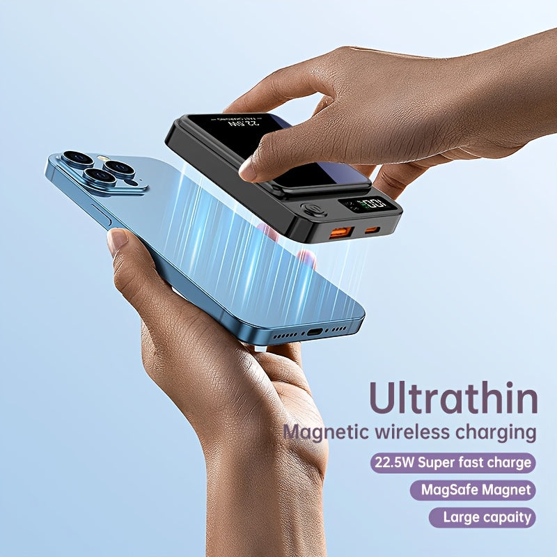 Tarjeta de Carga Inalámbrica Portátil Magnética, Batería Externa 10000/5000mAh con Carga Rápida USB-C de 22.5W, Paquete de Batería Magnético con Pantalla LED para iPhone Serie Completa 16/15/14/12 y Teléfonos Android