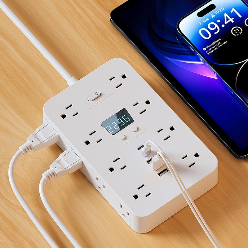 Protector de Sobretensión 21-en-1 con Interruptor de Encendido, Enchufe de Corriente de 16 Ranuras con Protección contra Sobrecarga y Interruptor de Control de Una Tecla, 5 Puertos USB incluyendo 2 Tipo C, Pantalla Digital, 110V-130V, Enchufe Estadounide